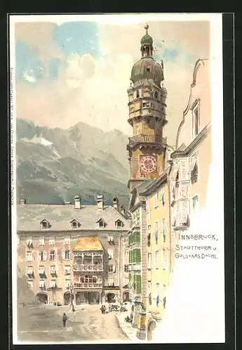 Lithographie Innsbruck, Stadtturm u. Goldenes Dachl