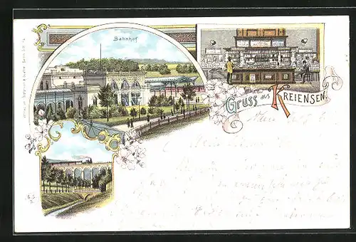 Lithographie Kreiensen, Bahnhof u. Bahnhofrestaurant, Viadukt, Innenansicht eines Geschäfts