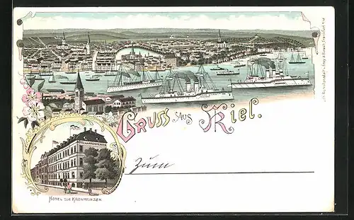 Lithographie Kiel, Hotel zum Kronprinzen, Teilansicht mit Dampfern