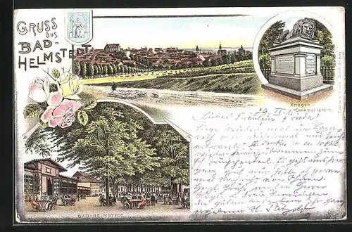 Lithographie Bad-Helmstedt, Gasthaus, Kriegerdenkmal 1870-71, Teilansicht
