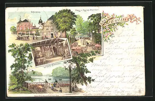 Vorläufer-Lithographie Eutin, 1895, Voss-Haus, Inneres Luisen-Zimmer, Weg n. Agnes-Werder