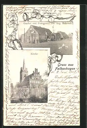AK Falkenhagen, Gasthof und Postagentur v. Aug. Behrendt, Kirche