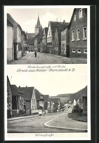AK Nieder-Ramstadt b. D., Hindenburgstrasse mit Kirche, Kilianstrasse