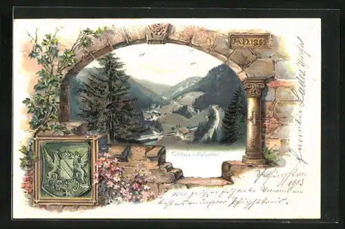 Passepartout-Lithographie Höllsteig, Blick ins Höllthal, Wappen