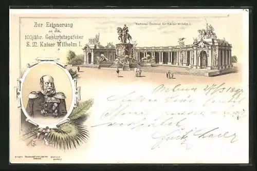 Lithographie Berlin, 100 jähr. Geburtstagsfeier SM Kaiser Wilhelm I., National-Denkmal