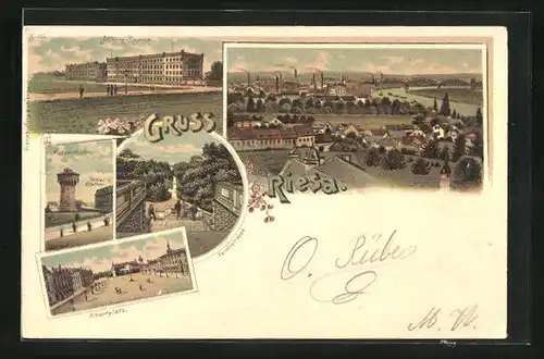 Lithographie Riesa a. E., Hotel Höpfner, Albertplatz, Artillerie-Kaserne, Totalansicht