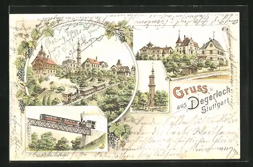 Lithographie Degerloch, Restaurants und Hotels auf dem Gipfel, Aussichtsturm, Bergbahn