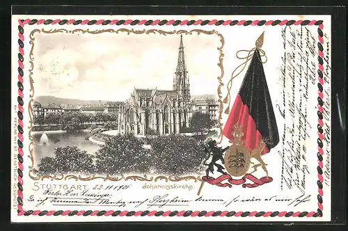 Passepartout-Lithographie Stuttgart, Johanniskirche aus der Vogelschau, Wappen