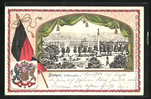 Passepartout-Lithographie Stuttgart, Der Schlossplatz aus der Vogelschau, Wappen