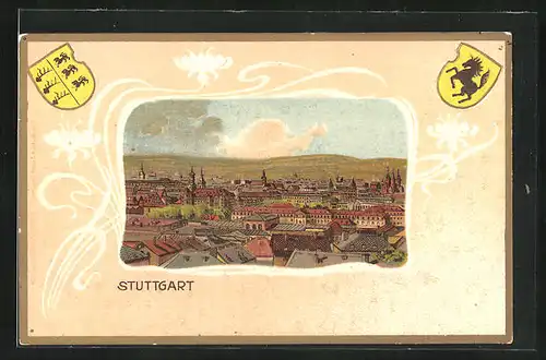 Passepartout-Lithographie Stuttgart, Totalansicht, Wappen