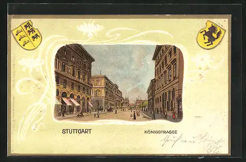 Passepartout-Lithographie Stuttgart, Partie in der Königstrasse, Wappen