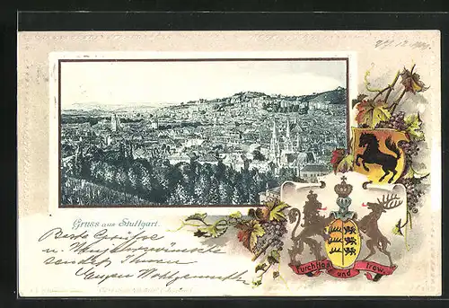 Passepartout-Lithographie Stuttgart, Totalansicht aus der Vogelschau, Wappen