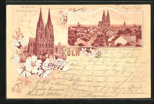 Lithographie Köln, Der Dom von St. Andreas Gesehen, Panorama v. St. Gereon gesehen