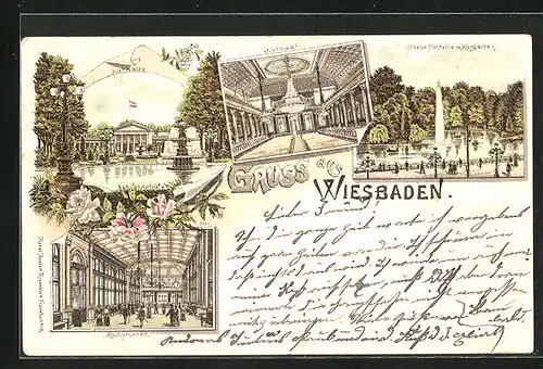Lithographie Wiesbaden, Kurhaus, Inneres Kursaal, Kochbrunnen