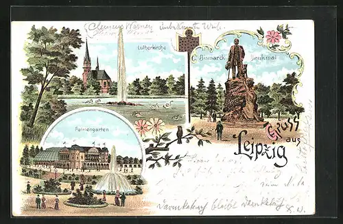 Lithographie Leipzig, Bismarck-Denkmal, Lutherkirche, Palmengarten