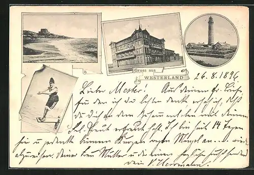 AK Westerland, Hotel Hohenzollern, Leuchtturm, Frau auf dem Sprungbrett