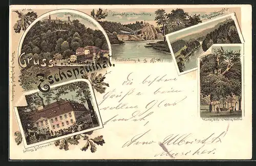 Lithographie Lichtenwalde, Schloss mit Mühle, Harrasfelsen mit Körnerkreuz, Blick in`s Zschopauthal