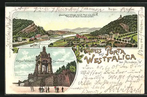 Lithographie Porta Westfalica bei Minden i. W., Teilansicht, Kaiser Wilhelm Denkmal