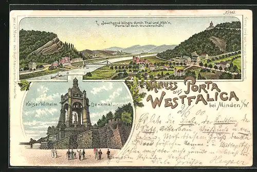 Lithographie Porta Westfalica bei Minden i. W., Teilansicht, Kaiser Wilhelm Denkmal