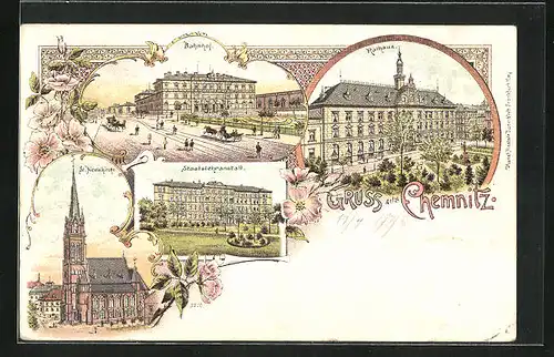 Lithographie Chemnitz, St. Nicolaikirche, Staatslehranstalt, Bahnhof