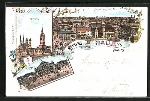 Lithographie Halle a. S., Teilansicht, Marktplatz, Bahnhof