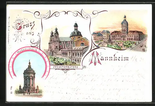 Lithographie Mannheim, Jesuitenkirche, Wasserturm, Marktplatz mit Denkmal