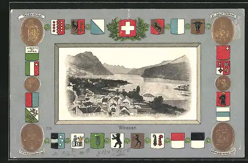 Passepartout-Lithographie Weesen, Teilansicht, Telldenkmal, St. Jakob-Denkmal, Winkelrieddenkmal, Wappen