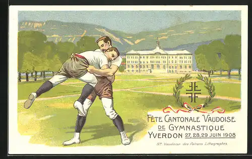 Künstler-AK Yverdon, Fête Cantonale Vaudoise de Gymnastique 1908, Zwei Ringer im Kampf