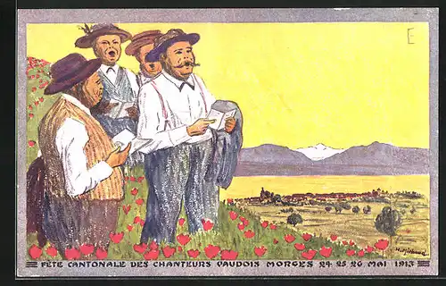 Künstler-AK Morges, Fête Cantonale des Chanteurs Vaudois 1913, Teilansicht und Sänger