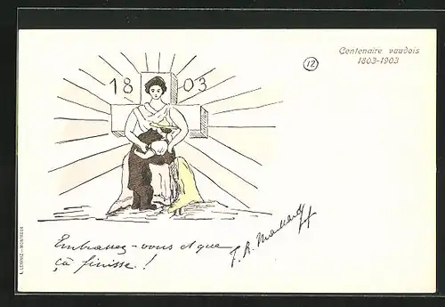Künstler-AK Schweiz, Centenaire vaudois 1803-1903, Frau mit Kind und Bär