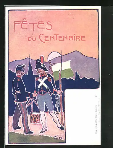 AK Fetes du Centenaire, Schweizer Soldaten reichen sich die Hand