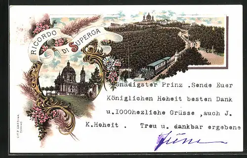 Lithographie Superga, Bergbahn zur Kirche