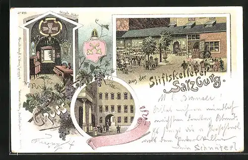 Lithographie Salzburg, Gasthaus Stiftskellerei, Inneres Haydn Stübel, Eingang