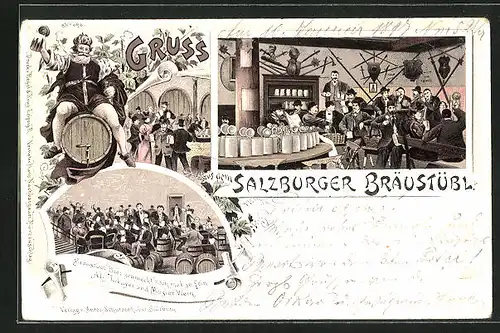 Lithographie Salzburg, Gasthaus Bräustübl, Innenansicht