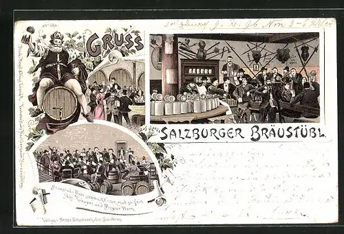 Lithographie Salzburg, Gasthaus Bräustübl, Innenansicht