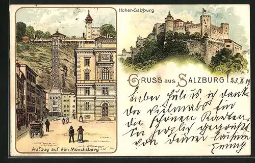 Lithographie Salzburg, Festung Hohen-Salzburg, Aufzug auf den Mönchsberg