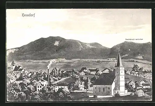 Künstler-AK Henndorf, Ortspartie mit Kirche