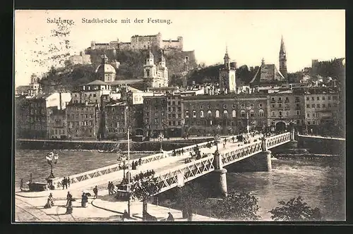 AK Salzburg, Blick auf die Stadtbrücke mit der Festung