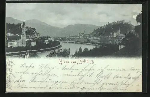 Mondschein-AK Salzburg, Panorama mit Salzach und Kirche