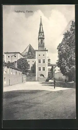 AK Salzburg, Strassenpartie mit Kirche