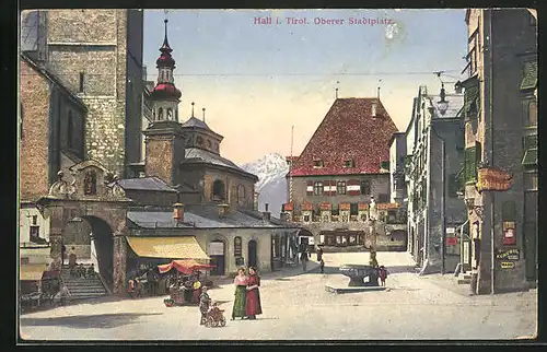 AK Hall, Oberer Stadtplatz mit Konditorei und Brunnen