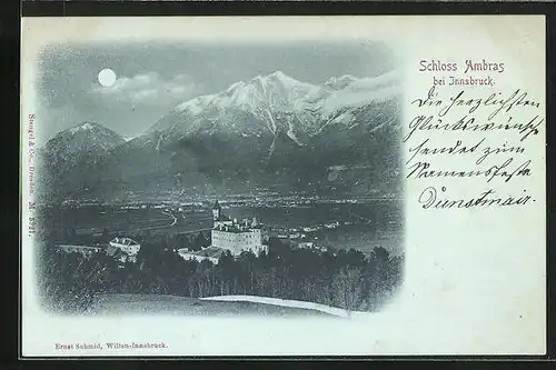 Mondschein-AK Innsbruck, Blick auf Schloss Ambras