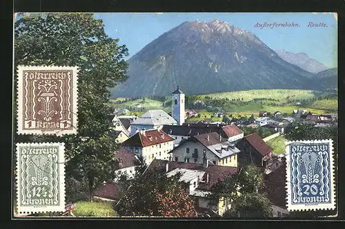 AK Reutte, Blick über den Ort auf die Alpen, Ausserfernbahn