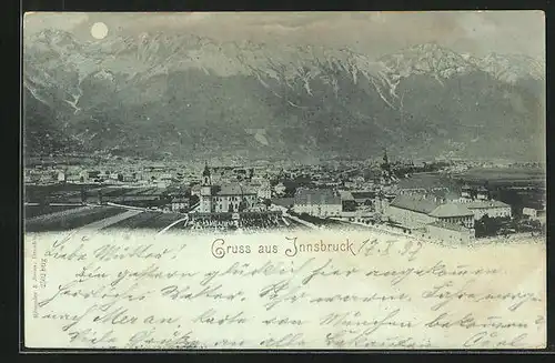 Mondschein-AK Innsbruck, Blick über die Stadt auf Alpen
