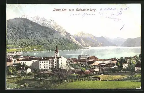 AK Gmunden, Gesamtansicht vom Calvarienberg, Kirche