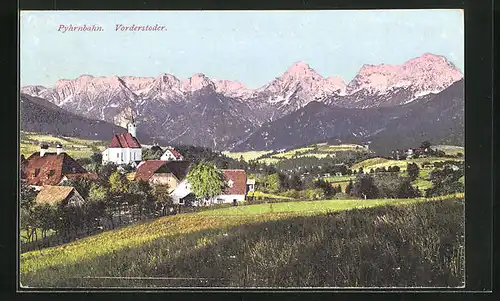 AK Vorderstoder, Pyhrnbahn an den Alpen mit Kirche