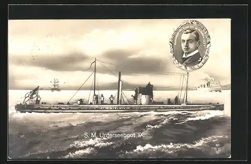 Künstler-AK SM U-Boot IX gegen Dampfschiff