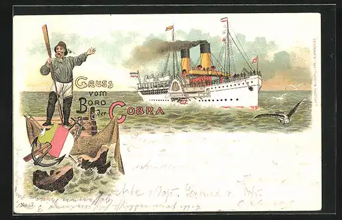 Lithographie Passagierschiff Cobra, Seemann mit Paddel
