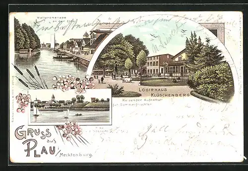Lithographie Plau am See, Gasthaus Logirhaus Klüschenberg, Wallpromenade an der Elde