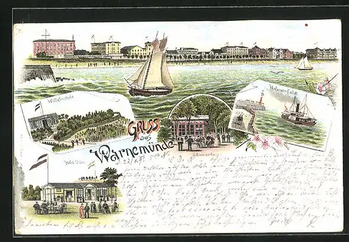 Vorläufer-Lithographie Warnemünde, 1895, Gasthaus Schweizerhaus, Wilhelmshöhe, Panorama der Strandpromenade